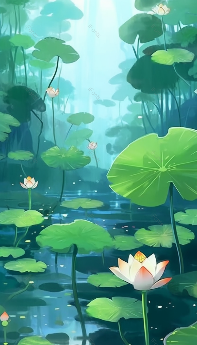 唯美治愈荷花荷叶绿色插画背景,插画/手绘图,插画/手绘图库,插画/手绘图下载,插画/手绘